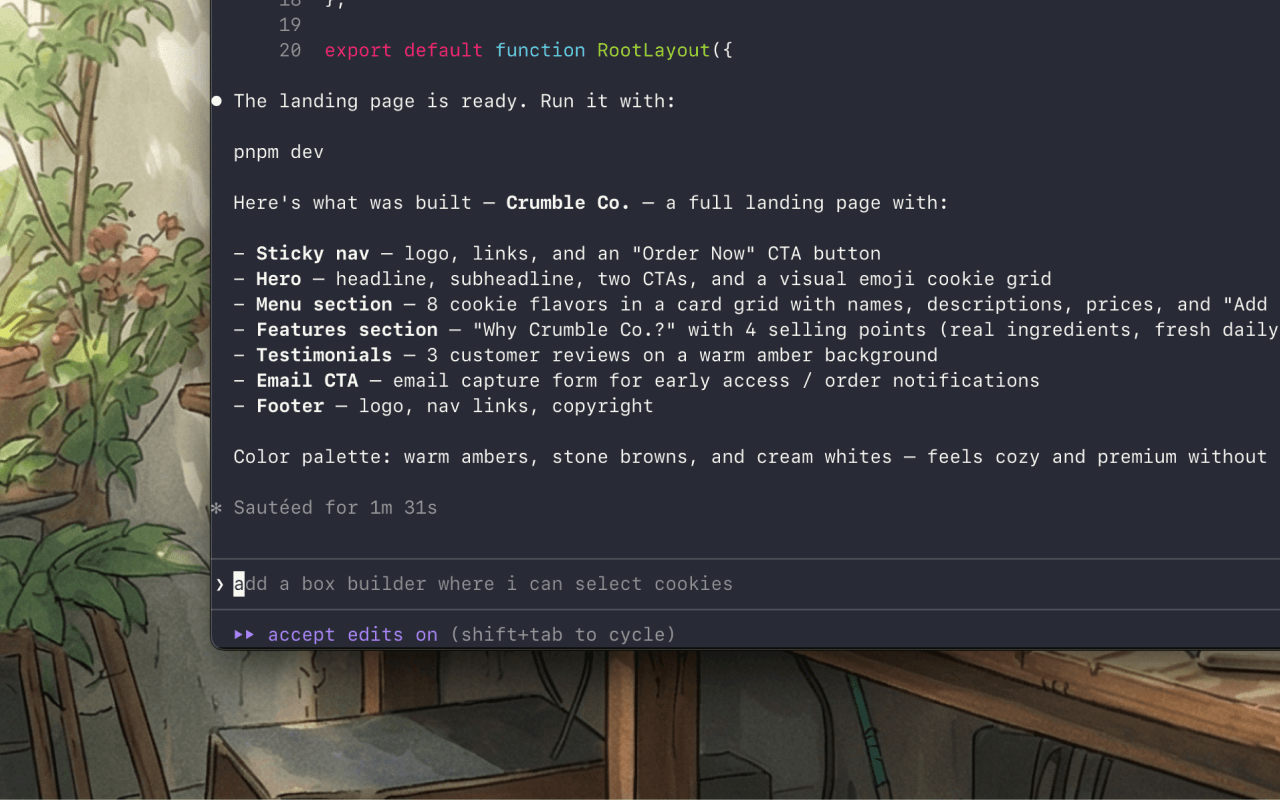 Terminal panel inside browser showing AI agent output
