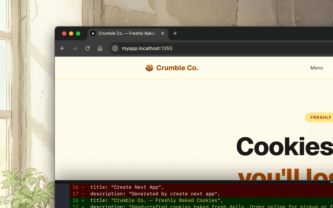 App running at myapp.localhost with Pier terminal panel open at the bottom